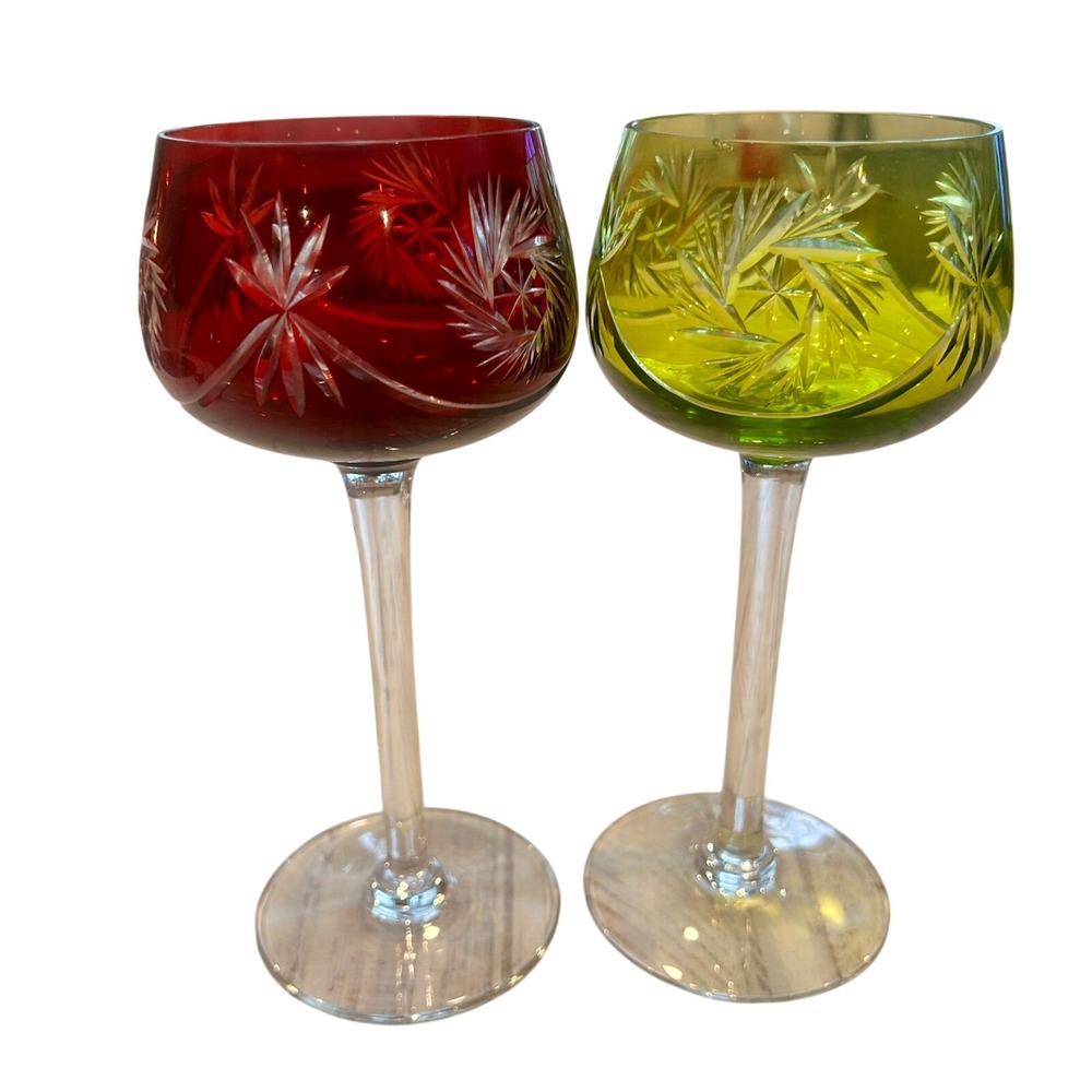 Vintage Bohemian Cut to Clear‎ Crystal Wine Hock Glasses Red Green Set of 2